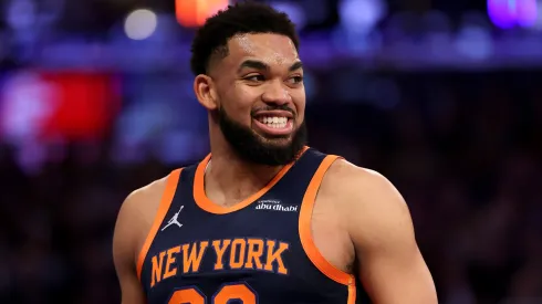 Karl-Anthony Towns #32 of the New York Knicks reacts after he drew the foul in the first half against the Boston Celtics at Madison Square Garden on April 08, 2025.