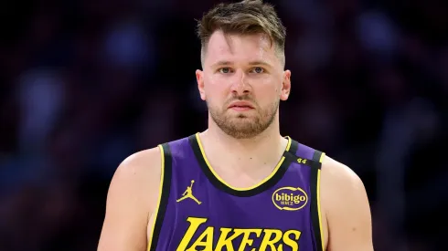 Luka Doncic #77 of the Los Angeles Lakers looks on during the first half of a game against the Dallas Mavericks at Crypto.com Arena on February 25, 2025 in Los Angeles, California.