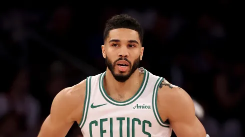Jayson Tatum #0 of the Boston Celtics reacts after a shot in the first quarter against the New York Knicks in Game Four