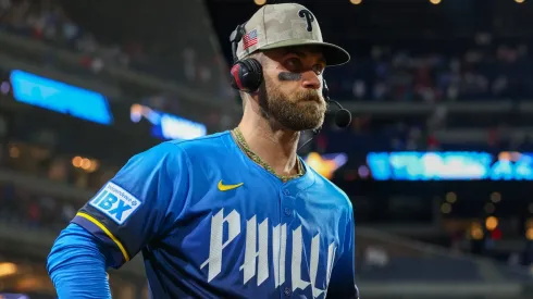 : Bryce Harper #3 of the Philadelphia Phillies reacts after hitting his 1000th RBI of his career in the fifth inning against the Pittsburgh Pirates.