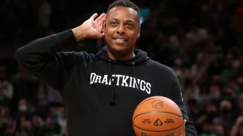 Former member of the Boston Celtics Paul Pierce is introduced before the Celtics home opener at TD Garden on October 22, 2021 in Boston, Massachusetts.