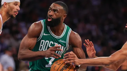 Mikal Bridges #25 of the New York Knicks strips the ball from Jaylen Brown #7 of the Boston Celtics during the third quarter in Game Six of the Eastern Conference Second Round NBA Playoffs at Madison Square Garden on May 16, 2025 in New York City.