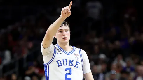 Cooper Flagg #2 of the Duke Blue Devils reacts during the second half in the Final Four game of the NCAA Men's Basketball Tournament against the Houston Cougars at the Alamodome on April 05, 2025 in San Antonio, Texas.