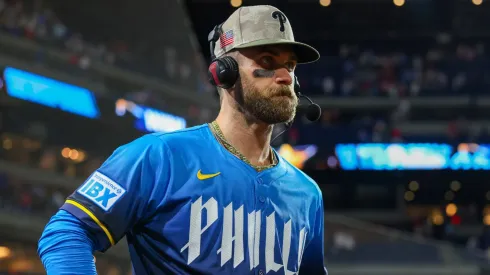 Bryce Harper #3 of the Philadelphia Phillies is interviewed post game against the Pittsburgh Pirates after the ninth inning at Citizens Bank Park on May 16, 2025 in Philadelphia, Pennsylvania.