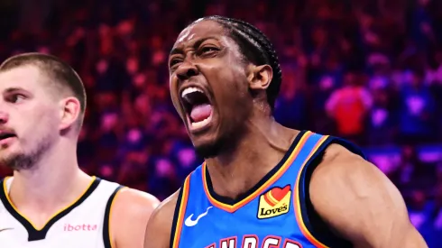 Jalen Williams #8 of the Oklahoma City Thunder reacts after slam dunking during the second quarter in Game Seven of the Western Conference Second Round NBA Playoffs