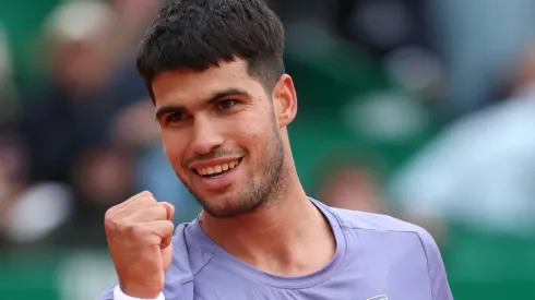 Carlos Alcaraz of Spain celebrates winning match point against Francisco Cerundolo of Argentina during the Men's Singles Second Round match on day four of the Rolex Monte-Carlo Masters in 2025.