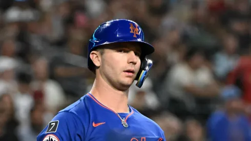 Pete Alonso #20 of the New York Mets reacts after being called out on strikes against the Arizona Diamondbacks during the eighth inning at Chase Field on May 07, 2025 in Phoenix, Arizona.
