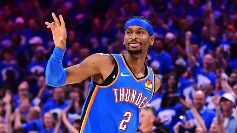 Shai Gilgeous-Alexander #2 of the Oklahoma City Thunder reacts after scoring during the fourth quarter of a game against the Denver Nuggets in Game Seven of the Western Conference Second Round NBA Playoffs
