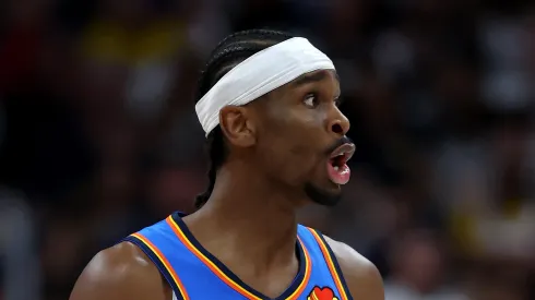 Shai Gilgeous-Alexander #2 of the Oklahoma City Thunder reacts against the Denver Nuggets during the second quarter in Game Six of the Western Conference Second Round NBA Playoffs