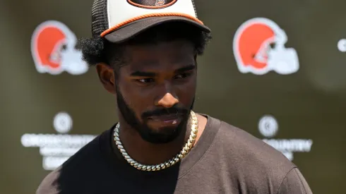 Shedeur Sanders #12 of the Cleveland Browns listens to questions from the media during a press conference prior to rookie minicamp at CrossCountry Mortgage Campus on May 10, 2025 in Berea, Ohio.