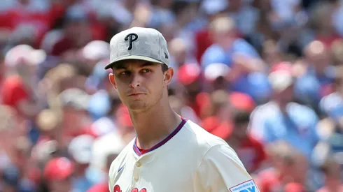 Mick Abel #40 of the Philadelphia Phillies, in his major league debut, walks to the dugout after completing the fifth inning during a game against the Pittsburgh Pirates at Citizens Bank Park on May 18, 2025 in Philadelphia, Pennsylvania. The Phillies won 1-0.
