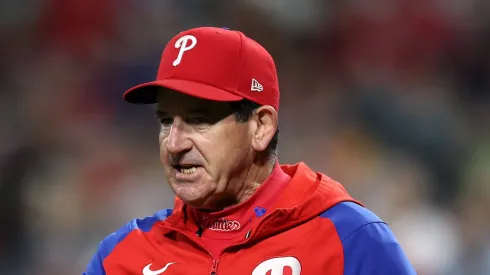 Rob Thomson #59 of the Philadelphia Phillies reacts during the tenth inning against the New York Mets at Citizens Bank Park on September 22, 2023 in Philadelphia, Pennsylvania.