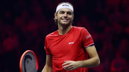 Taylor Fritz of Team World smiles against Alexander Zverev of Team Europeduring the Men's Singles match on day two of the Laver Cup at Uber Arena on September 21, 2024.