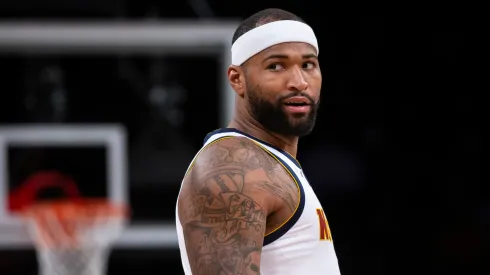 DeMarcus Cousins #4 of Denver Nuggets reacts during game against the Brooklyn Nets at Barclays Center on January 26, 2022 in the Brooklyn borough of New York City.