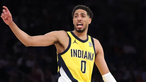 Tyrese Haliburton #0 of the Indiana Pacers reacts during the second quarter against the New York Knicks in Game One of the Eastern Conference Finals of the 2025 NBA Playoffs at Madison Square Garden on May 21, 2025 in New York City.