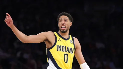 Tyrese Haliburton #0 of the Indiana Pacers reacts during the second quarter against the New York Knicks in Game One of the Eastern Conference Finals of the 2025 NBA Playoffs
