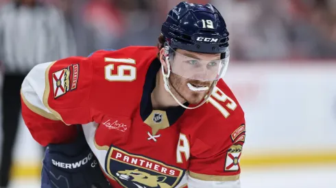 Matthew Tkachuk #19 of the Florida Panthers looks on against the Toronto Maple Leafs during the third period in Game Six of the Second Round of the 2025 Stanley Cup Playoffs.