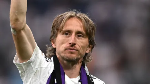 Luka Modric of Real Madrid shows appreciation to the fans following his final appearance for Real Madrid after the LaLiga match between Real Madrid CF and Real Sociedad