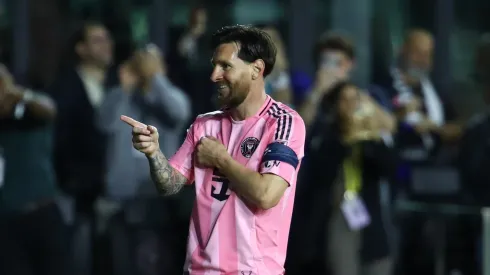 Lionel Messi celebrates after scoring a gol for Inter Miami.