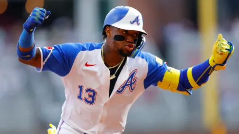 Ronald Acuna Jr. #13 of the Atlanta Braves reacts after hitting a two run home run during the sixth inning against the San Diego Padres at Truist Park on May 24, 2025 in Atlanta, Georgia.