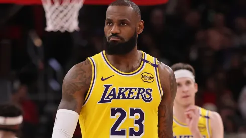 LeBron James #23 of the Los Angeles Lakers reacts against the Chicago Bulls during the second half at the United Center on March 27, 2025 in Chicago, Illinois.