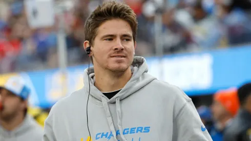 Justin Herbert #10 of the Los Angeles Chargers looks on from the sidelines during a game against the Kansas City Chiefs at SoFi Stadium on January 07, 2024 in Inglewood, California.