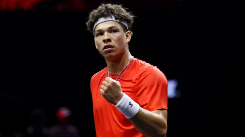 Ben Shelton of Team World celebrates a point against Daniil Medvedev of Team Europe during the Men's Singles match on day three of the Laver Cup at Uber Arena on September 22, 2024.
