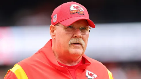 Head coach Andy Reid of the Kansas City Chiefs looks on prior to a preseason game against the Chicago Bears at Soldier Field on August 13, 2022 in Chicago, Illinois.