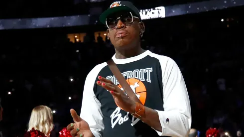 Former Detroit Piston Dennis Rodman take the floor for a halftime ceremony at the final NBA game at the Palace of Auburn Hills between the Detroit Pistons and Washington Wizards on April 10, 2017 in Auburn Hills, Michigan.