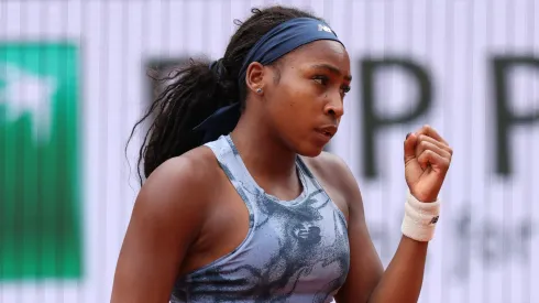Coco Gauff of United States celebrates a point against Olivia Gadecki of Australia during the Women's Singles First Round match during Day Three of the 2025 French Open at Roland Garros on May 27, 2025 in Paris, France.
