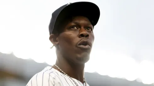 Jazz Chisholm Jr. #13 of the New York Yankees stands by the dugout after the top of the first inning against the Toronto Blue Jays at Yankee Stadium on April 25, 2025 in the Bronx borough of New York City.