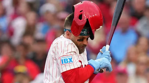 : Bryce Harper #3 of the Philadelphia Phillies is hit by a pitch in the bottom of the first inning against the Atlanta Braves at Citizens Bank Park on May 27, 2025 in Philadelphia, Pennsylvania.