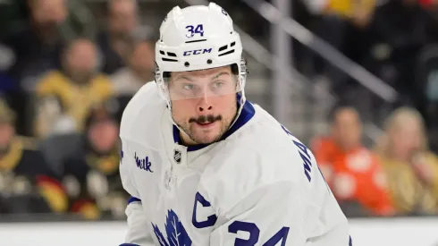 Auston Matthews #34 of the Toronto Maple Leafs skates against the Vegas Golden Knights in the third period of their game at T-Mobile Arena on March 05, 2025 in Las Vegas, Nevada.