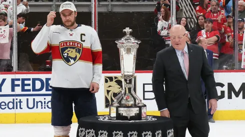 Aleksander Barkov of the Panthers looks on during the presentation of the the Prince of Wales Trophy after defeating the Hurricanes 5-3 in Game Five of the Eastern Conference Final of the 2025 Stanley Cup Playoffs.
