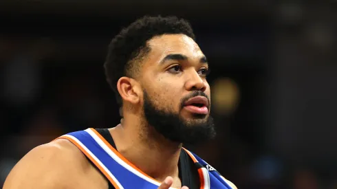 Karl-Anthony Towns #32 of the New York Knicks reacts during the first quarter against the Indiana Pacers in Game Four of the Eastern Conference Finals of the 2025 NBA Playoffs