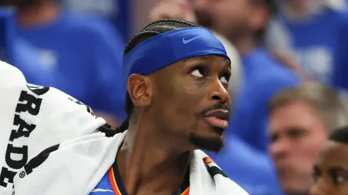 Shai Gilgeous-Alexander #2 of the Oklahoma City Thunder reacts against the Minnesota Timberwolves during the fourth quarter in Game Five of the Western Conference Finals of the 2025 NBA Playoffs