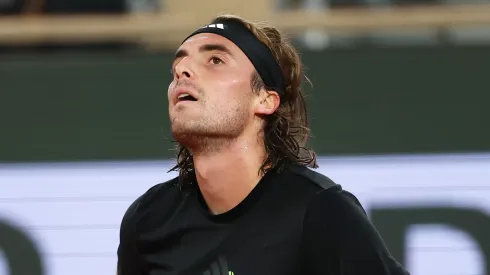 Stefanos Tsitsipas reacts during the practice at the 2025 French Open