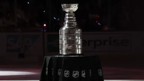 The Stanley Cup sits on the ice prior to Game One of the 2024 Stanley Cup Final between the Florida Panthers and the Edmonton Oilers at Amerant Bank Arena on June 08, 2024.