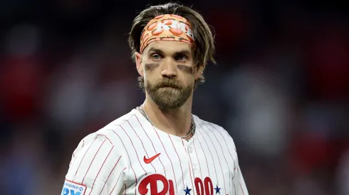 Bryce Harper #3 of the Philadelphia Phillies looks on during a game against the Washington Nationals at Citizens Bank Park on April 29, 2025 in Philadelphia, Pennsylvania.
