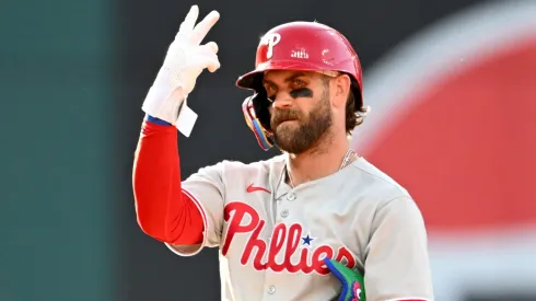 Bryce Harper #3 of the Philadelphia Phillies celebrates hitting a double during the fourth inning against the Cleveland Guardians at Progressive Field on May 10, 2025 in Cleveland, Ohio.