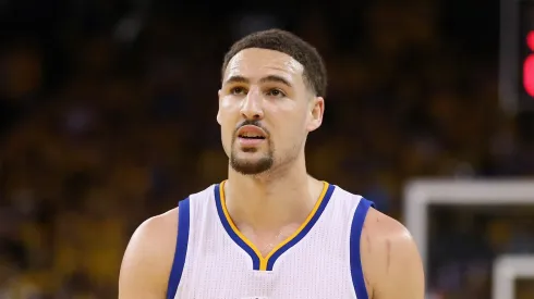 Klay Thompson #11 of the Golden State Warriors stands on the court during their game against the Portland Trail Blazers during Game Two of the Western Conference Semifinals during the 2016 NBA Playoffs