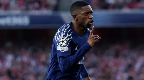 Ousmane Dembele of Paris Saint-Germain celebrates scoring his team's first goal during the UEFA Champions League 2024/25 Semi Final First Leg match between Arsenal FC and Paris Saint-Germain at Emirates Stadium on April 29, 2025 in London, England.