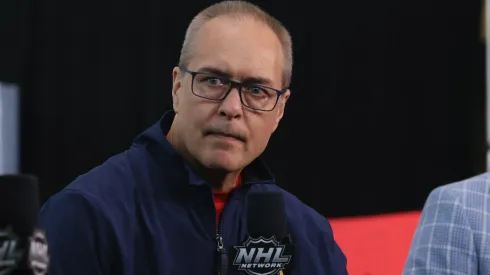 Head coach Paul Maurice of the Florida Panthers speaks with the media during Media Day for the 2023 NHL Stanley Cup Final between the Panthers and the Golden Knights in 2023.