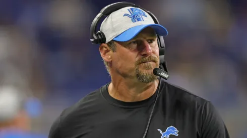 Detroit Lions Head Football Coach Dan Campbell watches the action during the first quarter of the game against the Indianapolis Colts at Ford Field on August 27, 2021 in Detroit, Michigan. Indianapolis defeated Detroit 27-17.