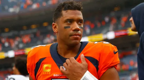 Russell Wilson #3 of the Denver Broncos reacts after his team's 17-16 loss against the Las Vegas Raiders at Empower Field At Mile High on September 10, 2023 in Denver, Colorado.