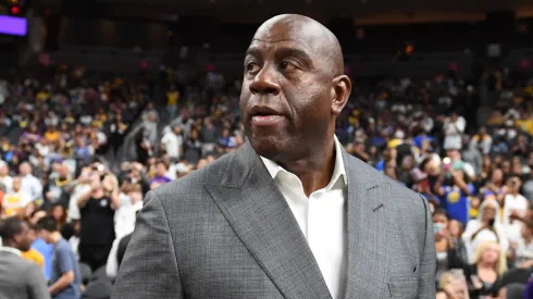Earvin "Magic" Johnson arrives at the Lakers' preseason game against the Golden State Warriors at T-Mobile Arena on October 10, 2018 in Las Vegas, Nevada. The Lakers defeated the Warriors 123-113.