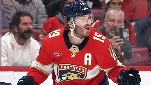 Matthew Tkachuk #19 of the Florida Panthers reacts against the Carolina Hurricanes during the second period in Game Four of the Eastern Conference Final of the 2025 Stanley Cup Playoffs.