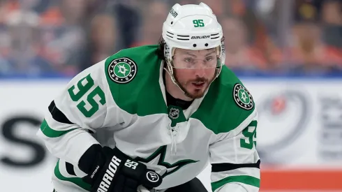 : Matt Duchene #95 of the Dallas Stars skates against the Edmonton Oilers during the first period in Game Three of the Western Conference Final of the 2025 Stanley Cup Playoffs.