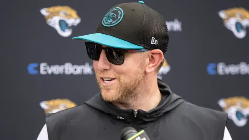 Head Coach Liam Coen of the Jacksonville Jaguars speaks to the Media during Rookie Minicamp at Miller Electric Center on May 10, 2025 in Jacksonville, Florida.
