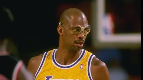 Center Kareem Abdul-Jabbar of the Los Angeles Lakers looks on during a game at the Great Western Forum
